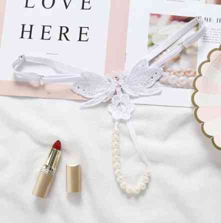 Еротичні стрінги з перлами і метеликами універсальний білий Київ