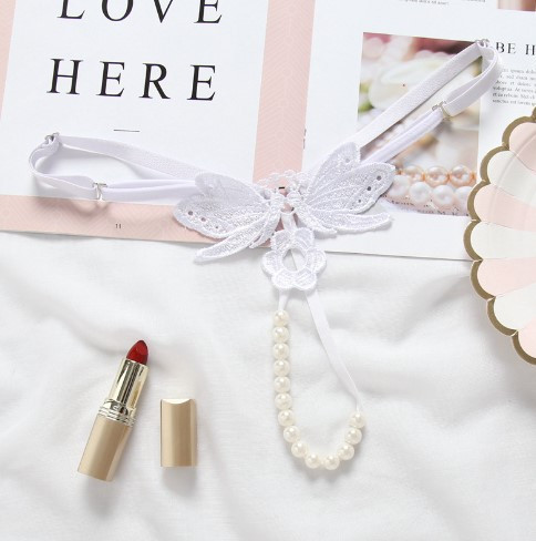 Эротические стринги с жемчугом и бабочками универсальный белый Киев - изображение 2