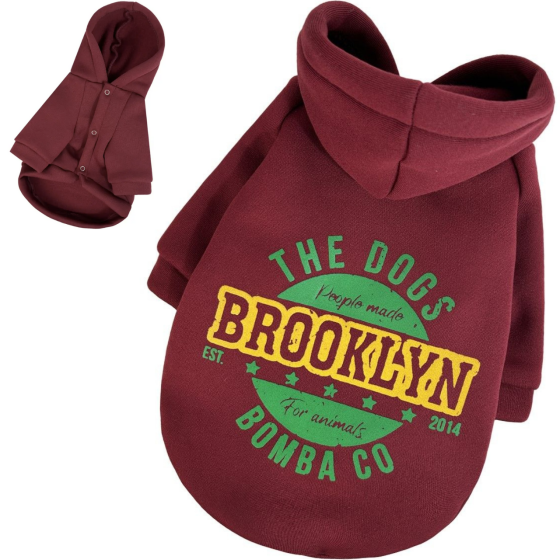 Толстовка для собак малих і середніх порід на флісі з принтом Brooklyn з капюшоном на кнопках марсала Одеса