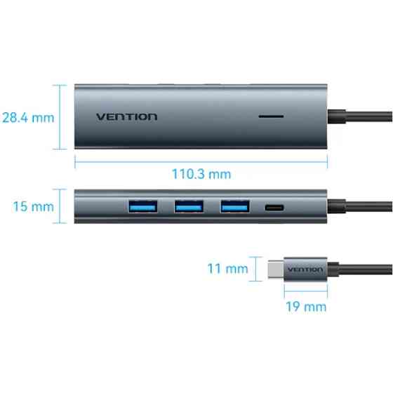 Хаб USB 3.0 Type-C -> 4xUSB 3.0/1xUSB-C, 5Gbps, Black Vention Вінниця