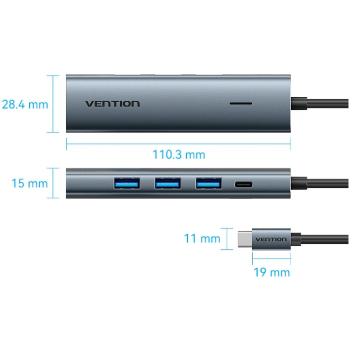 Хаб USB 3.0 Type-C -> 4xUSB 3.0/1xUSB-C, 5Gbps, Black Vention Винница - изображение 2