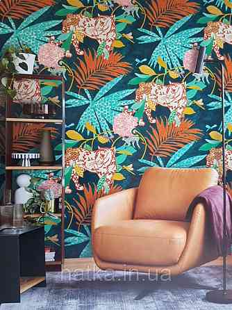 Обои виниловые на флизелине Marburg 0.53х10 New modern детские джунгли растения бабочки животные тигры пантеры Киев