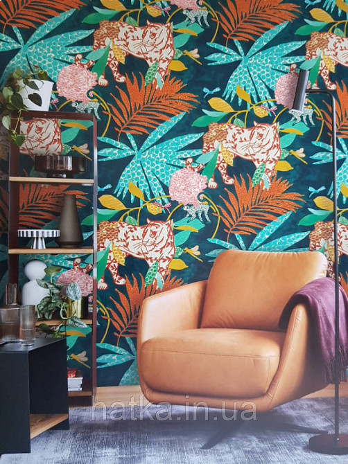 Обои виниловые на флизелине Marburg 0.53х10 New modern детские джунгли растения бабочки животные тигры пантеры Киев - изображение 5