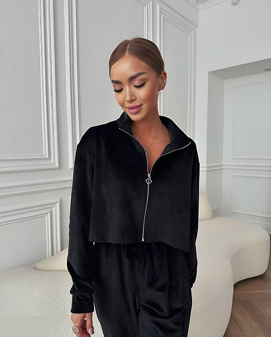 Жіночий прогулянковий плюшевий костюм-двійка: кофта та штани Чорний, 42/46 Одеса - фото 8