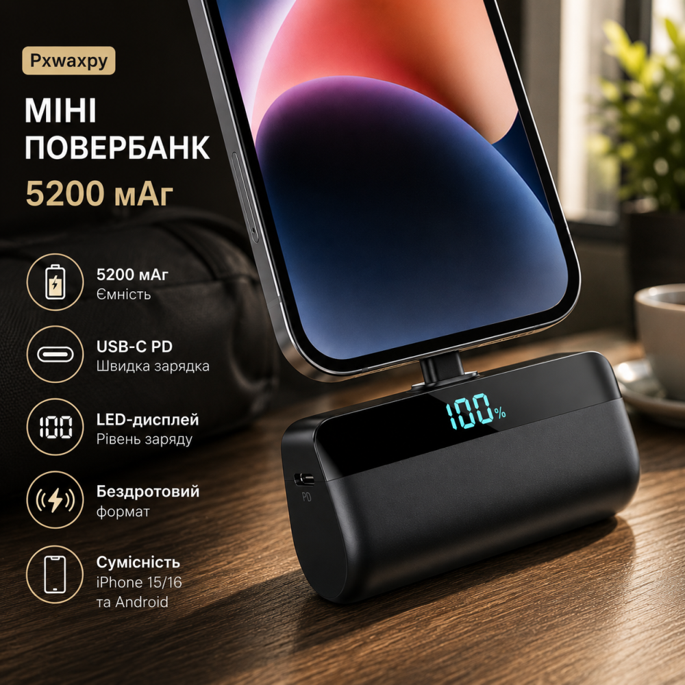 Мини повербанк Pxwaxpy 5200 мАч USB-C PD быстрая зарядка, LED-дисплей, без проводов для iPhone 15/16 и Android Киев - изображение 1