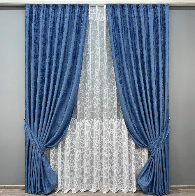 Комплект штор VR-Textil Жакард Мармур 200х270 2шт і Тюль 600х270 1149ш-1529т Синій з білим 71-182/7 Київ - фото 1