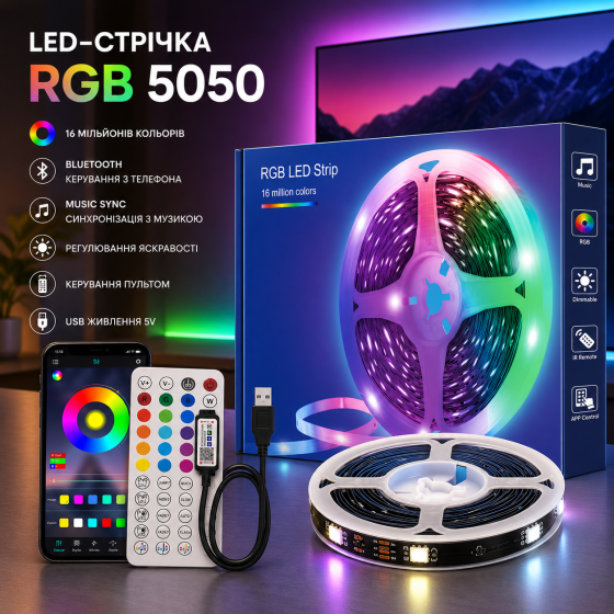 LED-лента TK99SW RGB 5050 1 м USB 5 В, Bluetooth, управление с телефона и пульта, Music Sync для ТВ и монитора Киев