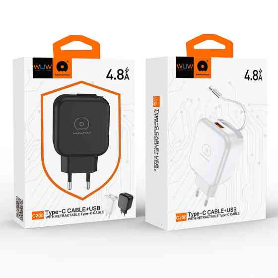 Мережевий зарядний пристрій з кабелем WUW-C268 12W fast charger USB A +retractable 70cm type c Cable Одеса