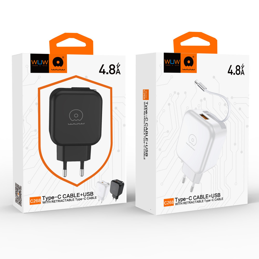 Мережевий зарядний пристрій з кабелем WUW-C268 12W fast charger USB A +retractable 70cm type c Cable Одеса - фото 2