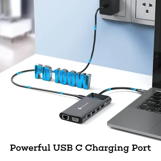 Док-станція NOVOO 12-в-1: Потужний USB-C хаб для потрійного монітора, 100W PD, HDMI, VGA та Gigabit Ethernet Київ - фото 12