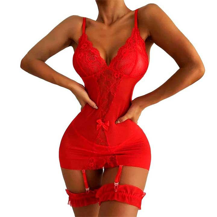 Коротенький пеньюар с подвязками для чулок красный XS-S – Эротическое бельё Винница - изображение 2