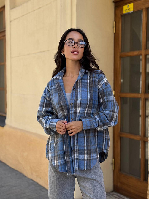 Женская теплая рубашка свободного кроя в клетку турецкая байка Голубой, 42/44 Одесса - изображение 1