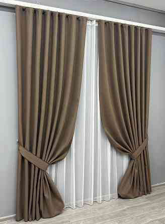 Комплект штор VR-Textil 100% блэкаут ASHEN NIGHT 150х270 2шт и Тюль 400х270 1854ш-1153т коричневый с белым 71-094/3 Киев