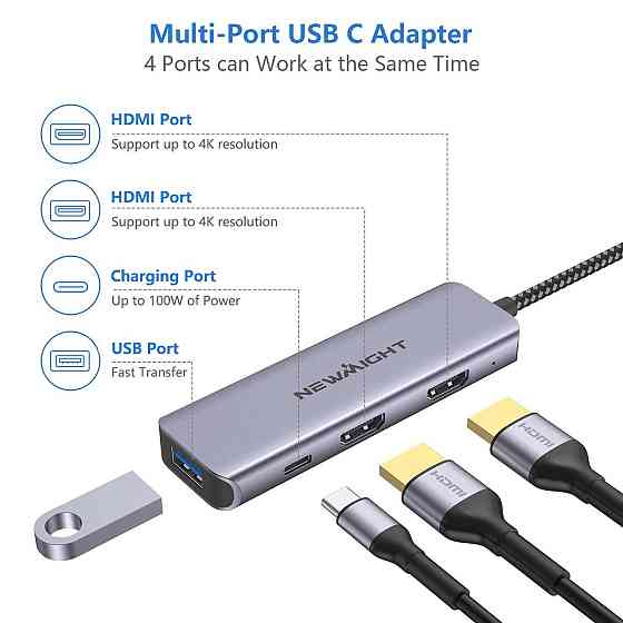 Адаптер Newmight 4в1 USB-C хаб на два HDMI 4K@30Hz с зарядкой PD 100W USB-A для двух мониторов для M Киев