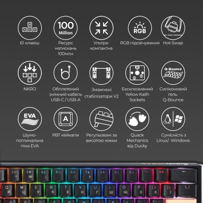Клавиатура Ducky One 3 Mini Cherry MX Brown RGB UA USB Black (DKON2161ST-BUAPXCLAWSC1) Винница - изображение 10