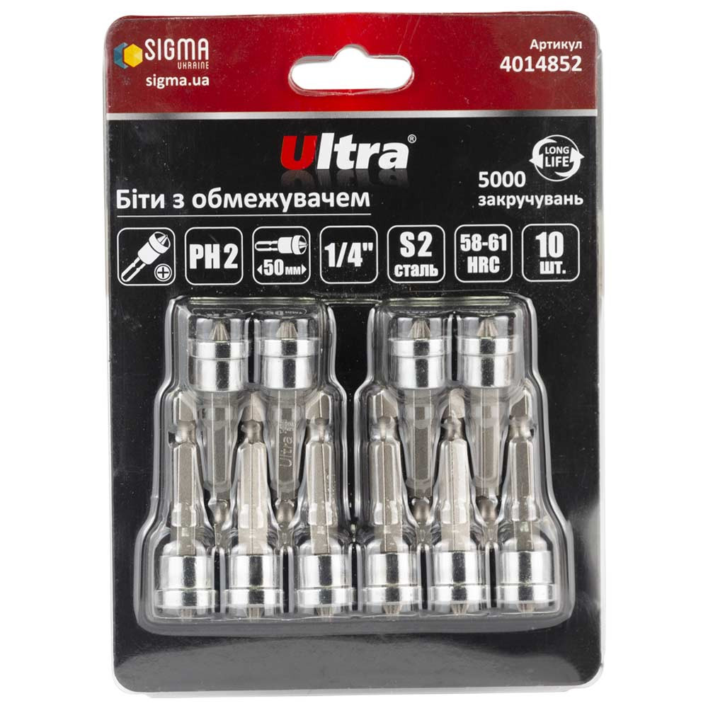 Ultra Биты с ограничителем PH2×50мм ¼" 10шт S2 (блистер) ULTRA (4014852) Коломия - фото 1