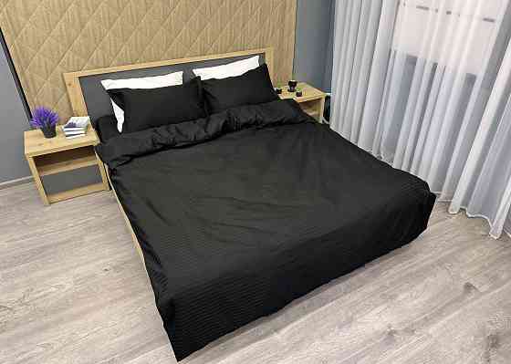 Комплект постельного белья Страйп-сатин Евро 200х230 с простыней на резинке Черный (88-119) Киев