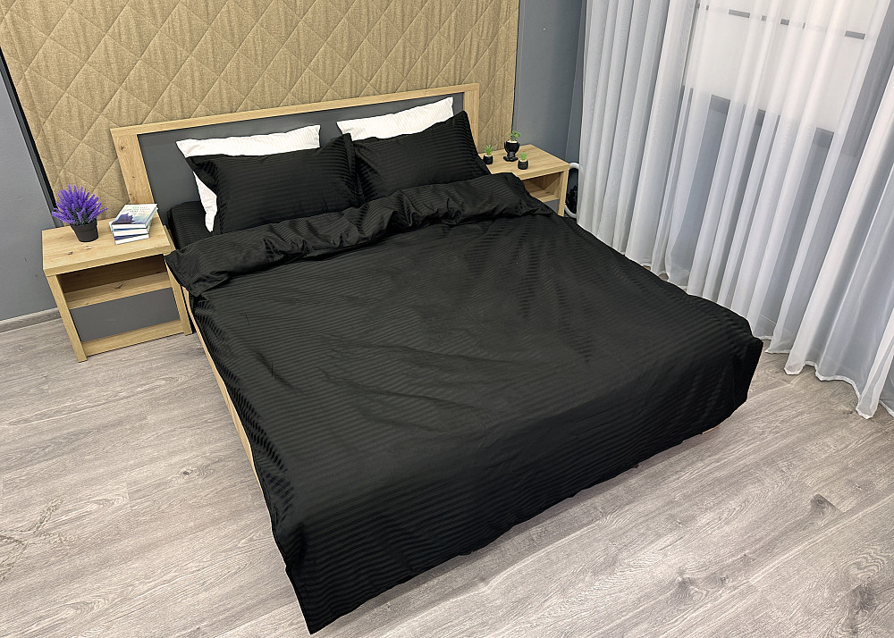 Комплект постельного белья Страйп-сатин Евро 200х230 с простыней на резинке Черный (88-119) Киев - изображение 3