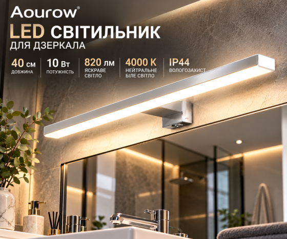 LED світильник для дзеркала Aourow 40 см, 10 Вт, 820 лм, 4000 K, IP44, з вимикачем і розеткою, нейтральне біле світло Київ