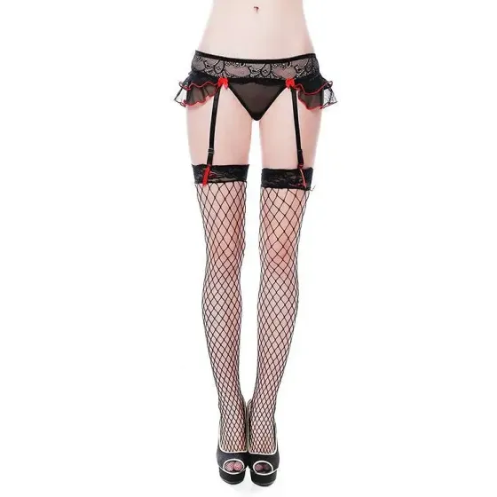 Еротичний комплект 2274: трусики-стрінги, пояс для панчіх і панчохи у велику сітку One Size Львов