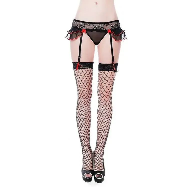 Еротичний комплект 2274: трусики-стрінги, пояс для панчіх і панчохи у велику сітку One Size Львів - фото 1