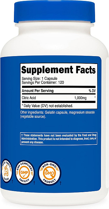 Лимонная кислота Nutricost Citric Acid 100 мг 120 капсул Луцк - изображение 2