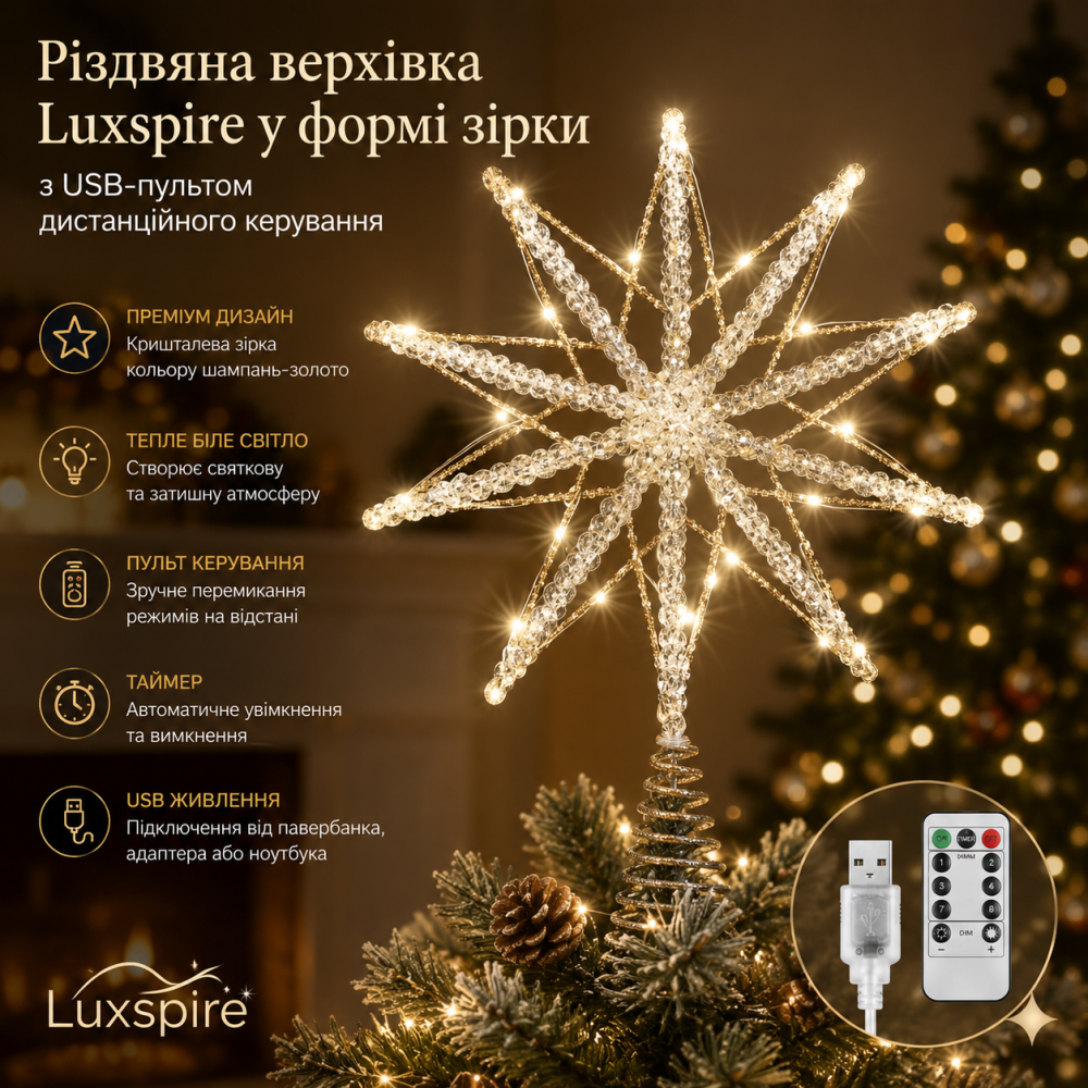 Топпер Верхівка Luxspire кришталева зірка на ялинку з LED-підсвіткою, USB, пульт, таймер, тепле біле світло, шампань-золото Київ - фото 9