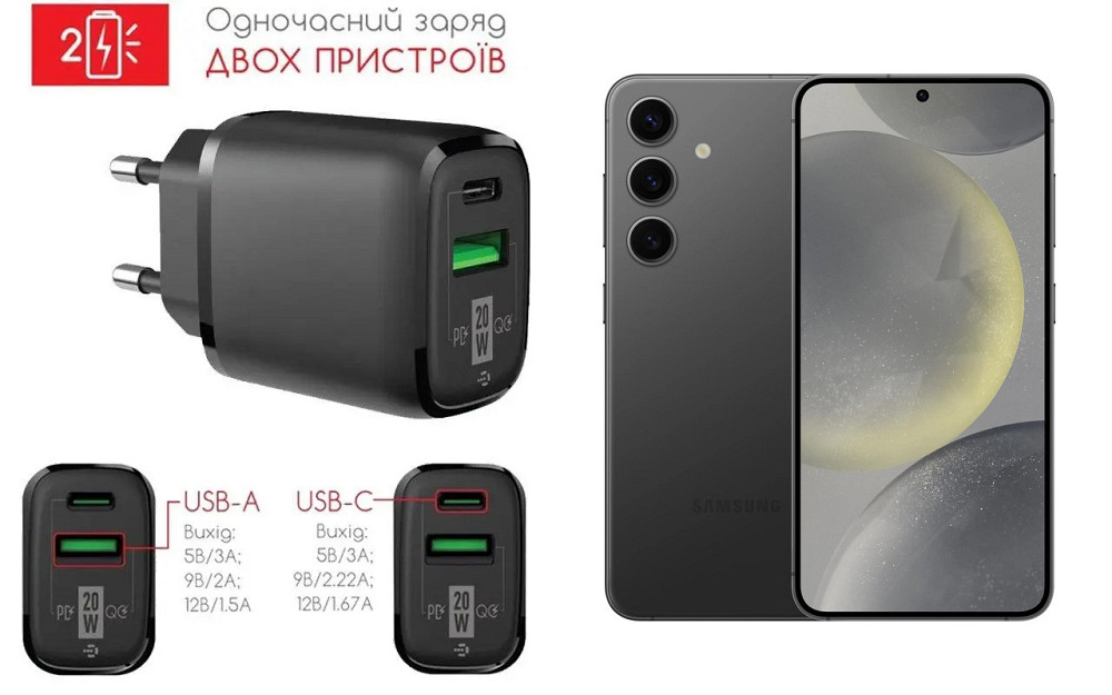 Сетевое зарядное устройство для Samsung Galaxy S24+, 20W 3A, Quick Charge 3.0 Киев - изображение 1