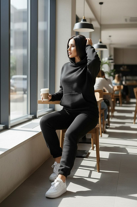 Жіночий спортивний теплий костюм тринитка на флісі XL-2XL Чорний Харків - фото 8