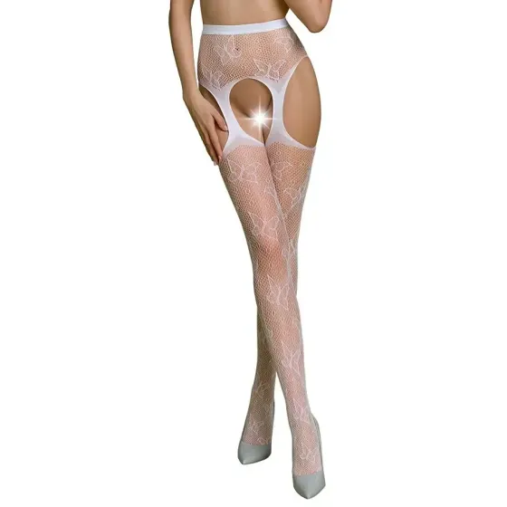 Еротичні колготки-бодістокінг Passion ECO S001 white, з доступом, декор метелики, підв’язки Львів