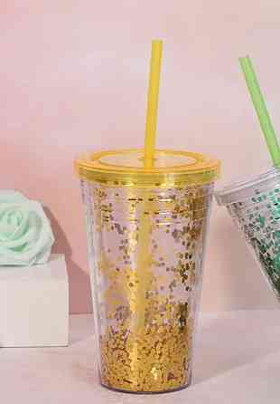 Стакан із трубочкою з блискітками жовтий Вінниця