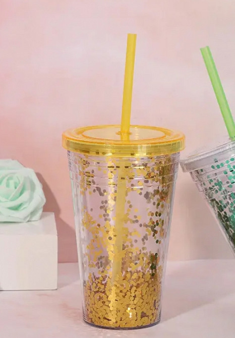 Стакан із трубочкою з блискітками жовтий Вінниця - фото 1