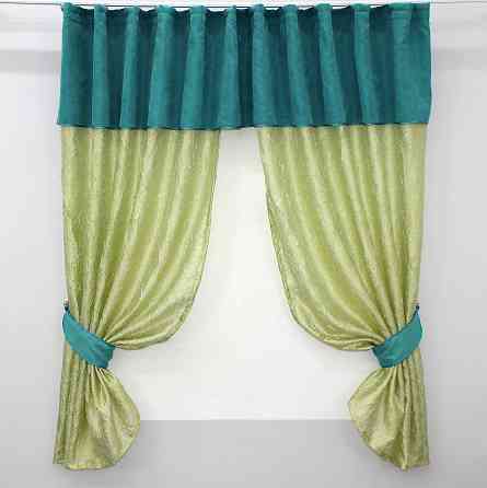Кухонные шторы VR-Textil № 073к с ламбрекеном и подхватами  салатовый с бирюзовым 290х170 см (52-0151) Киев