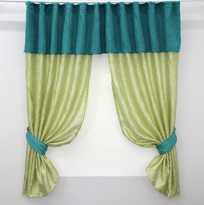 Кухонные шторы VR-Textil № 073к с ламбрекеном и подхватами  салатовый с бирюзовым 290х170 см (52-0151) Киев - изображение 1