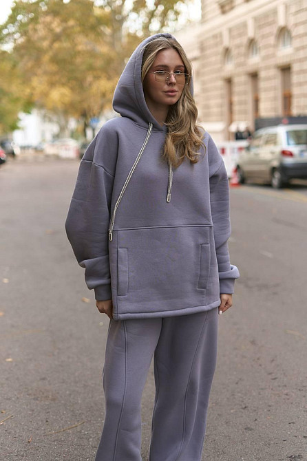Женский теплый костюм двойка свободного кроя трехнитка на флисе Серый Одесса - изображение 4