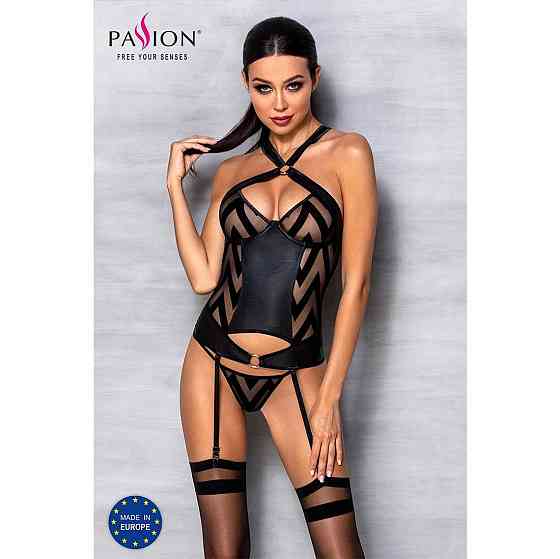 Сітчастий комплект з візерунком Passion HIMA CORSET L/XL black корсет з халтером, підв'язки, трусики Sex Aura Київ