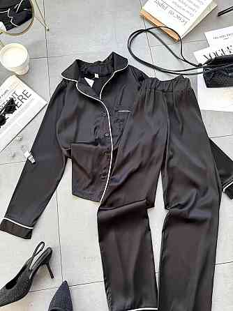 Жіноча легка піжама-двійка: сорочка та штани шовк Чорний, 42/44 Одеса