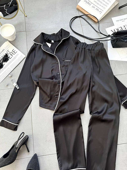 Женская легкая пижама двойка: рубашка и штаны шелк Черный, 42/44 Одесса - изображение 1