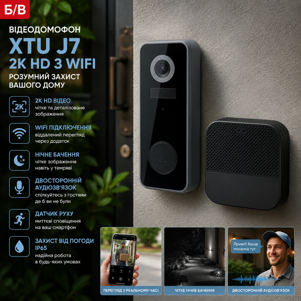 Б/В Відеодомофон XTU J7 2K HD з WiFi, нічним баченням та двостороннім аудіозв’язком, розумний захист дверей Київ - фото 9