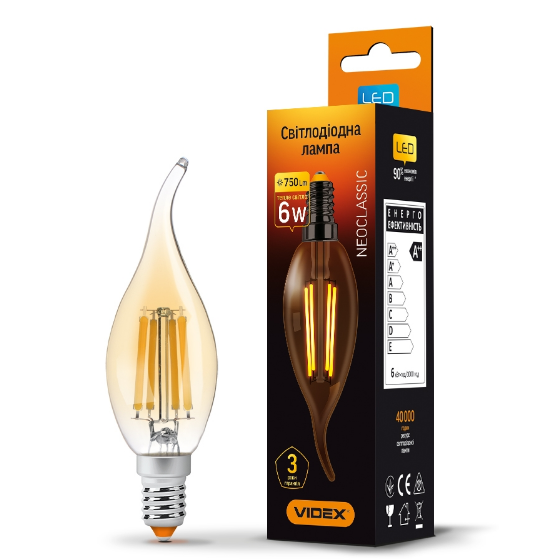 Лампа C37Ft 6W E14 2200К 220V Filament A LED Videx Житомир