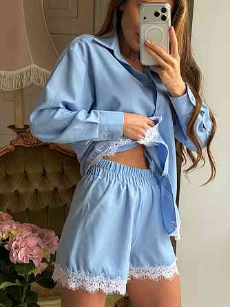 Женский стильный летний льняной костюм с кружевом Голубой, 42/46 Одесса