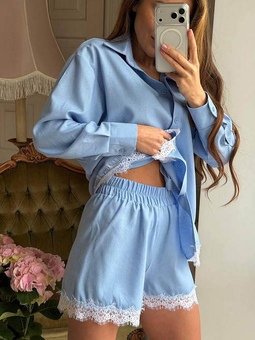 Женский стильный летний льняной костюм с кружевом Голубой, 42/46 Одесса - изображение 6