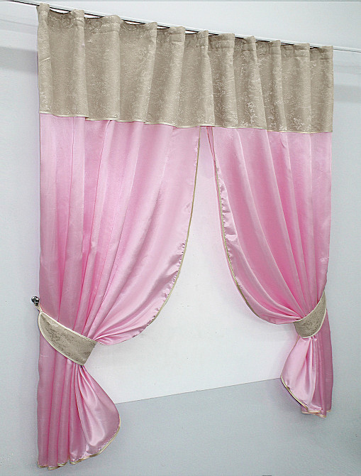 Кухонные шторы VR-Textil № 073к с ламбрекеном и подхватами розовый с серо-бежевым 270х170 см (52-0292) Киев - изображение 2