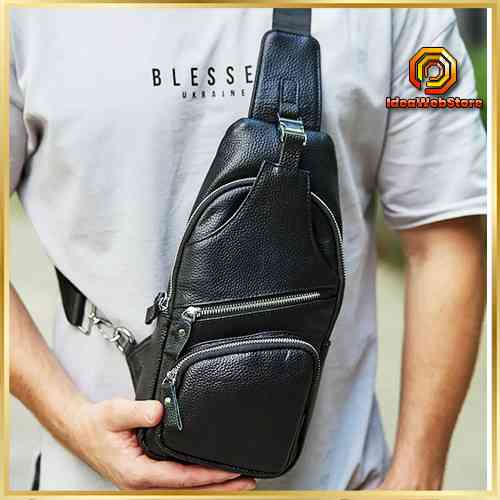 Чоловіча шкіряна сумка слінг через плече з натуральної шкіри чорна TIDING BAG Київ