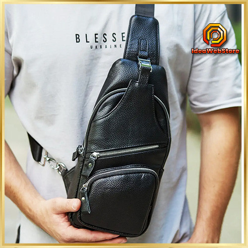 Чоловіча шкіряна сумка слінг через плече з натуральної шкіри чорна TIDING BAG Київ - фото 1