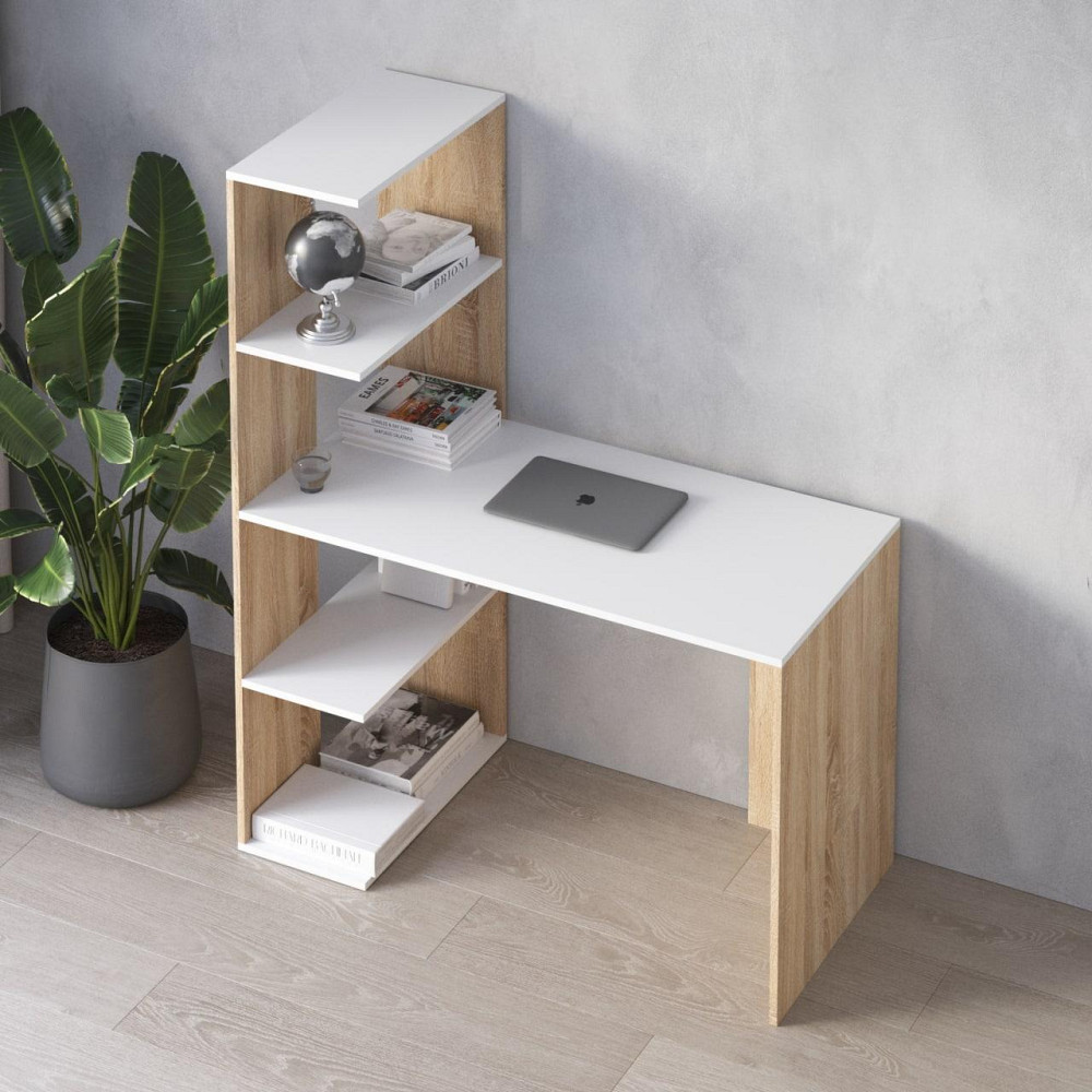 Компьютерный стол VAYS M-16 Дуб Сонома-Белый, письменный с боковым стеллажем слева, ЛДСП, 120×60×148 см - для дома, учебы, офис Львов - изображение 1