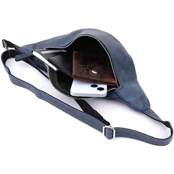 Чоловіча бананка відмінної якості з натуральної шкіри вінтажної Shvigel 23141 Синій Київ