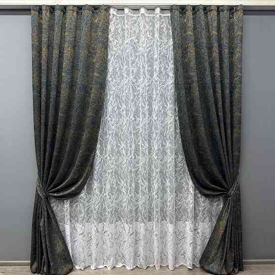 Комплект штор VR-Textil Жакард Fantasy 200х270 2шт і Тюль 500х270 1634ш-1783т Синій з білим 71-049/6 Київ