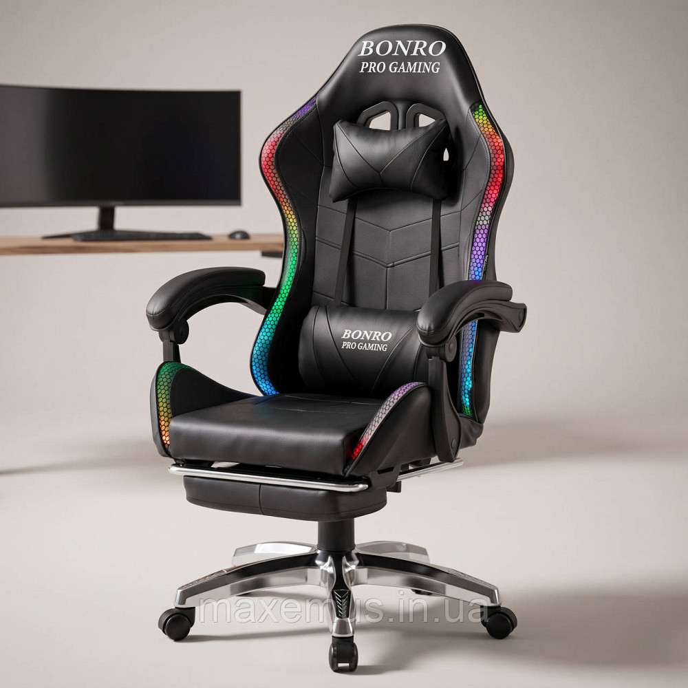Игровое геймерское кресло Bonro B-144 Черное с RGB-подсветкой, массажем и подножкой для ПК Мостиська - фото 7