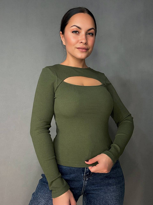 Лонгслів жіночий ITAKA 5370 гольф з акцентним вирізом на груді в рубчик, хакі, one size Київ - фото 16